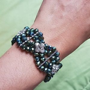 Stretchy green blue beaded and crystal bracelet